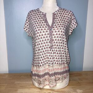 Lucky Brand, Short Sleeve 1/4 Button Down Boho Patterned Top Small Women